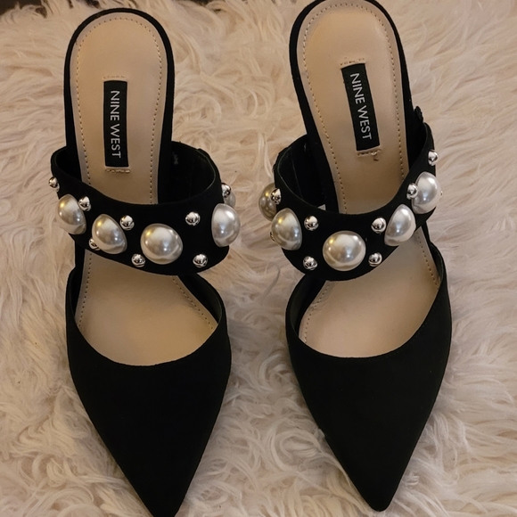 Nine West Shoes - GORGEOUS BLACK SUEDE MULES W/ LARGE PEARLS